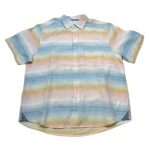 Tommy Bahama Linen Shirt Mens Large Multi Striped Short‎ Sleeve Button Up